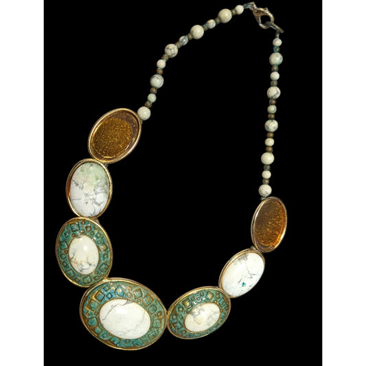 Vintage Carved Stone Beaded Cabochon Necklace