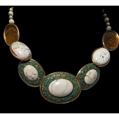 Vintage Carved Stone Beaded Cabochon Necklace