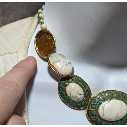 Vintage Carved Stone Beaded Cabochon Necklace