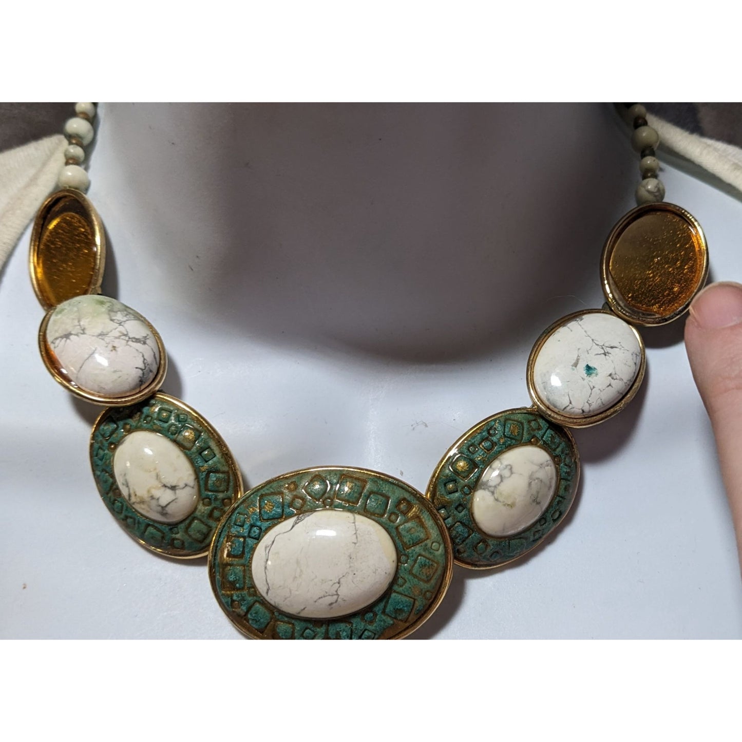 Vintage Carved Stone Beaded Cabochon Necklace