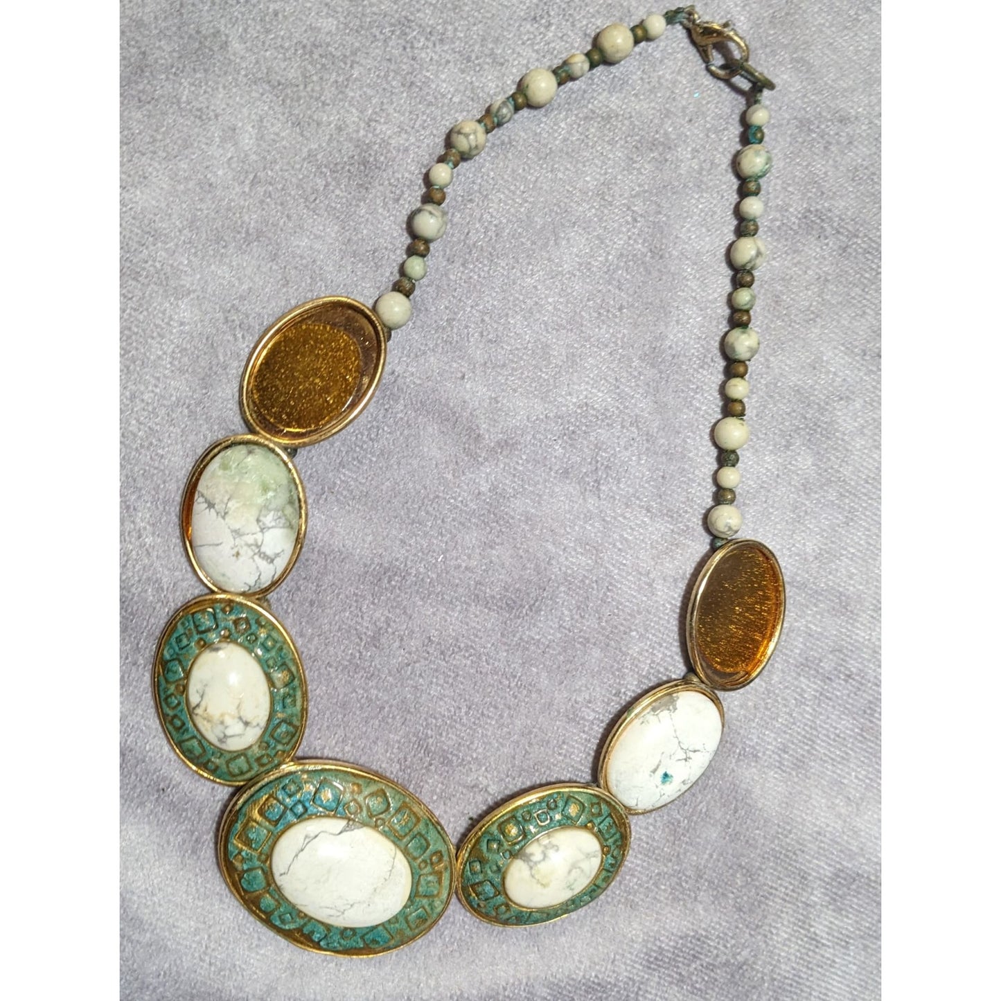 Vintage Carved Stone Beaded Cabochon Necklace