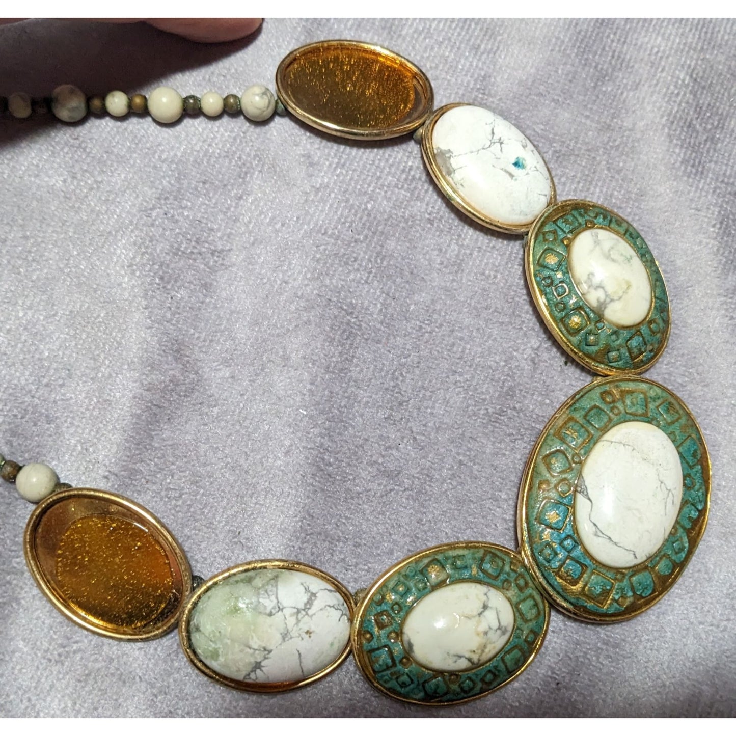 Vintage Carved Stone Beaded Cabochon Necklace