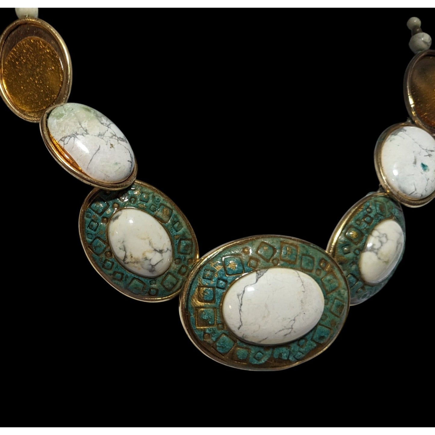 Vintage Carved Stone Beaded Cabochon Necklace