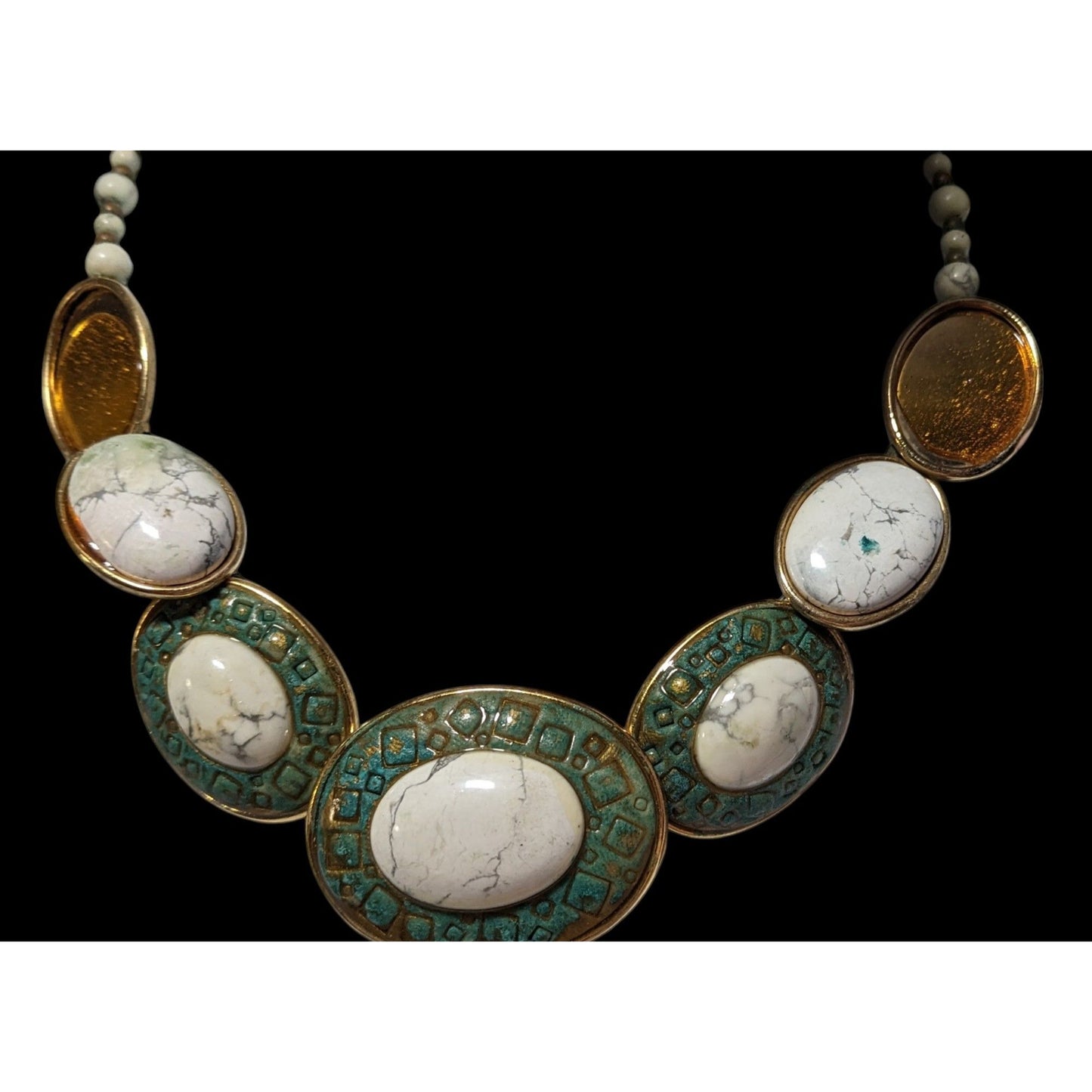 Vintage Carved Stone Beaded Cabochon Necklace