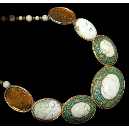 Vintage Carved Stone Beaded Cabochon Necklace