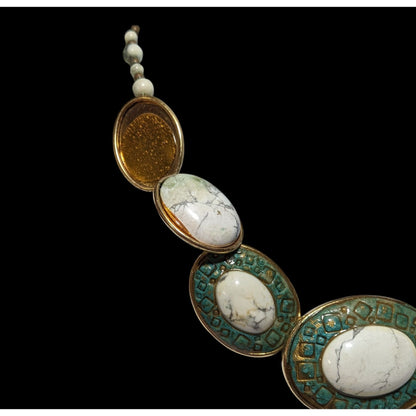 Vintage Carved Stone Beaded Cabochon Necklace