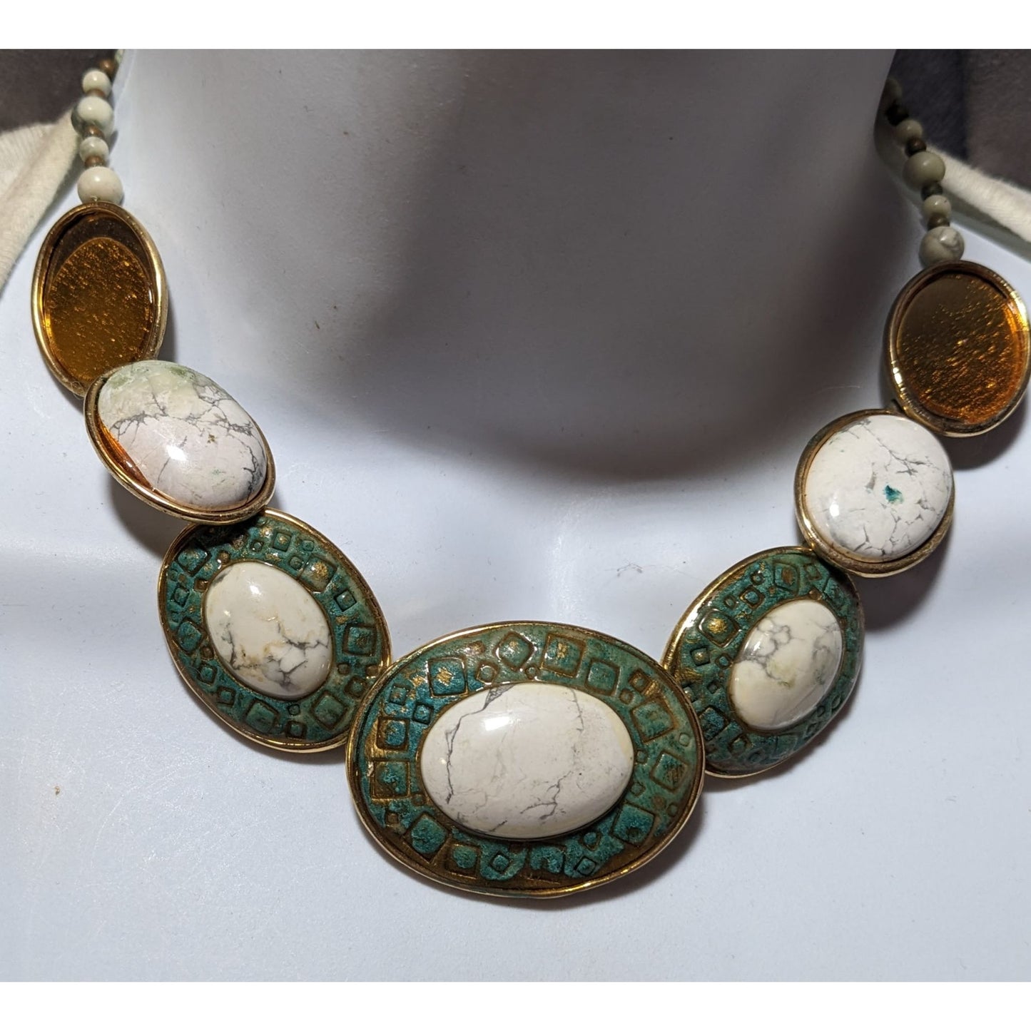 Vintage Carved Stone Beaded Cabochon Necklace