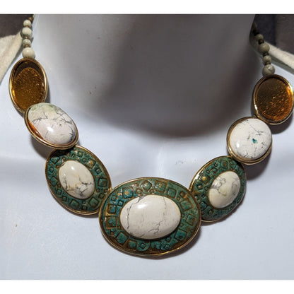 Vintage Carved Stone Beaded Cabochon Necklace
