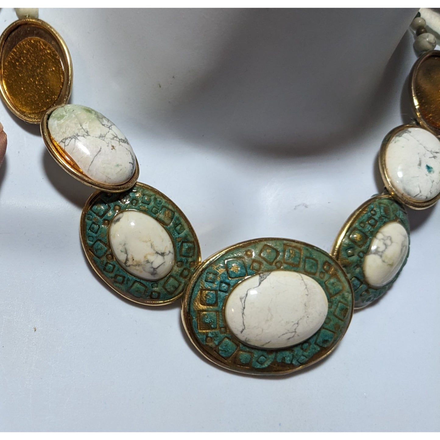 Vintage Carved Stone Beaded Cabochon Necklace