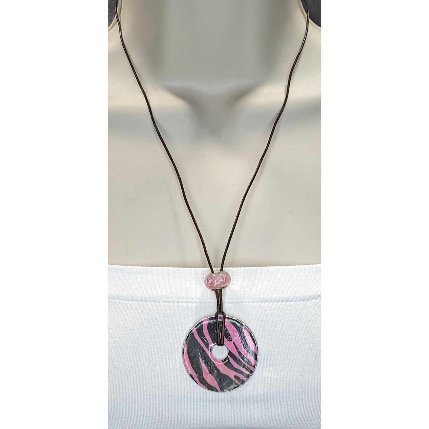 Pink & Black Zebra Pendant Necklace Handmade With Washer & Glass Bead