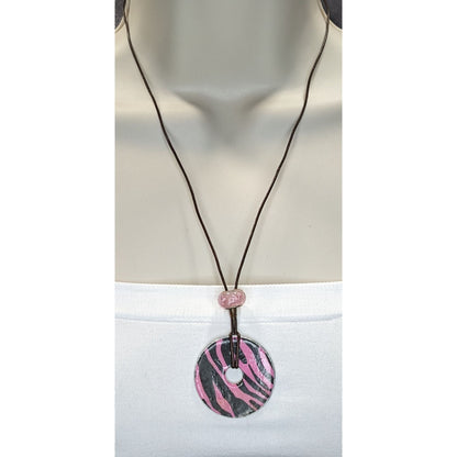 Pink & Black Zebra Pendant Necklace Handmade With Washer & Glass Bead