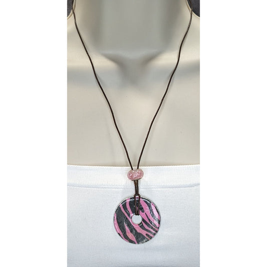 Pink & Black Zebra Pendant Necklace Handmade With Washer & Glass Bead