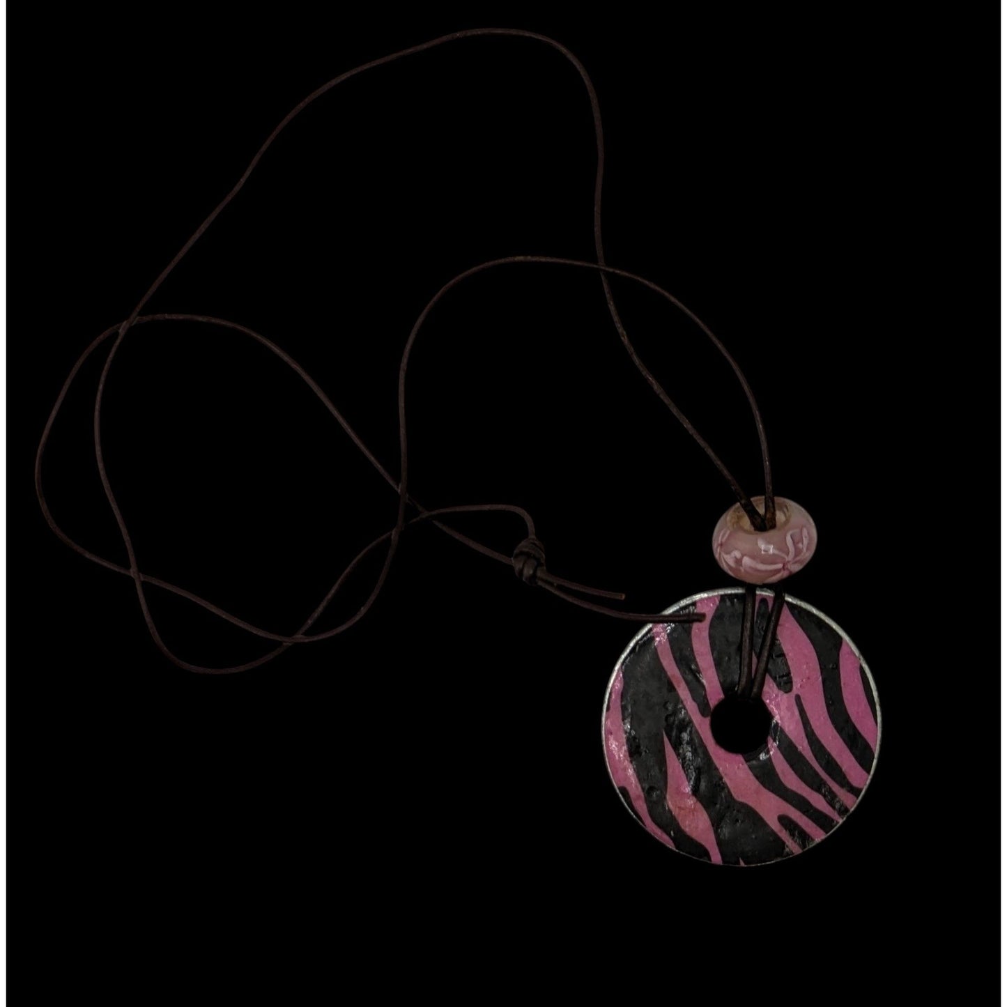 Pink & Black Zebra Pendant Necklace Handmade With Washer & Glass Bead