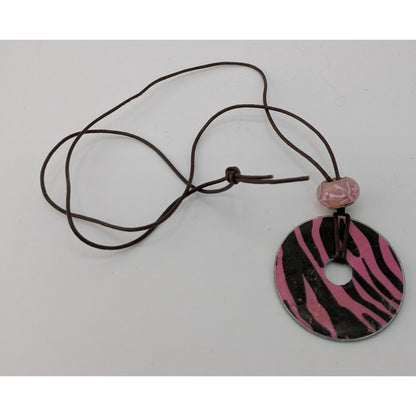 Pink & Black Zebra Pendant Necklace Handmade With Washer & Glass Bead