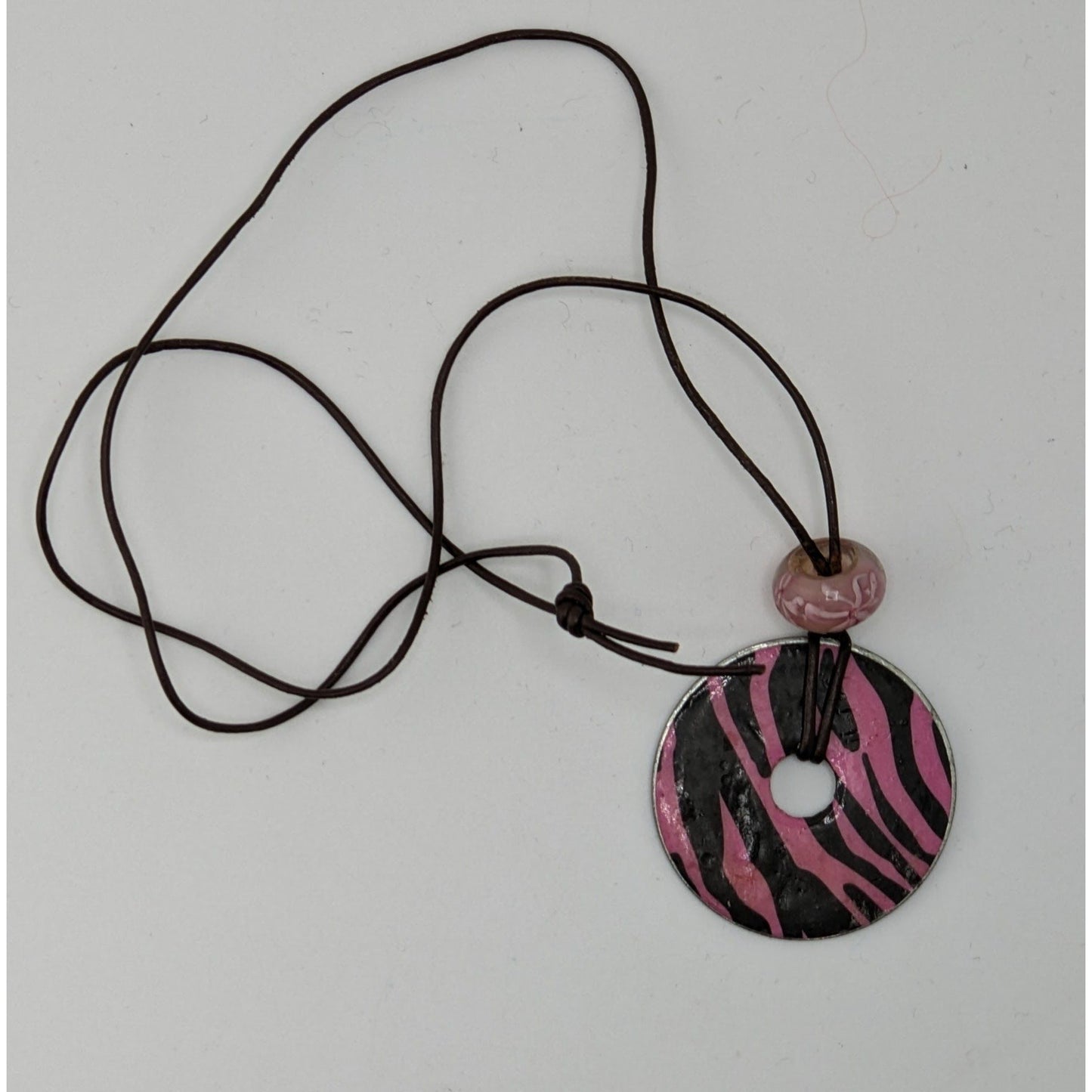 Pink & Black Zebra Pendant Necklace Handmade With Washer & Glass Bead