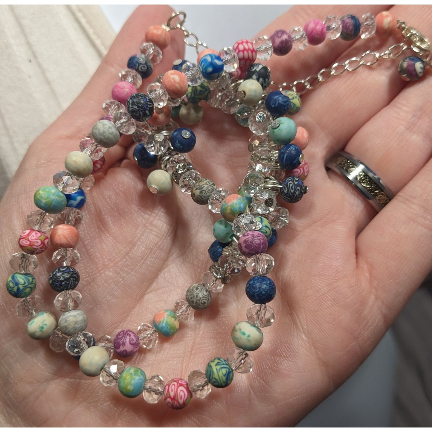 Viva Beads Clear Glass Rainbow Polymer Clay Beaded Necklace