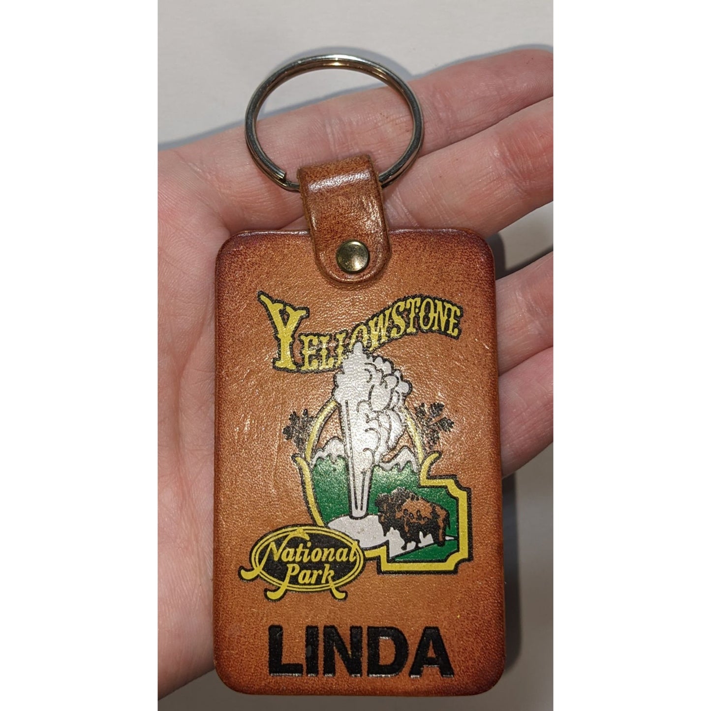 Yellowstone National Park Leather Keychain With "Linda" Personalization