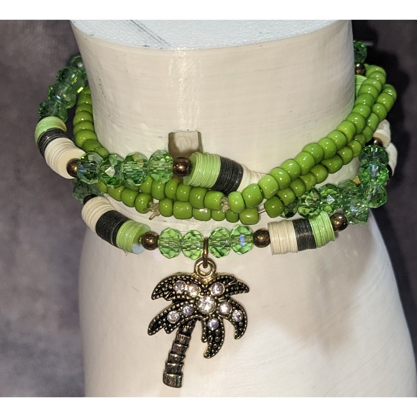 Boho Charming Charlie Green Beaded Palm Tree Charm Multistrand Bracelet