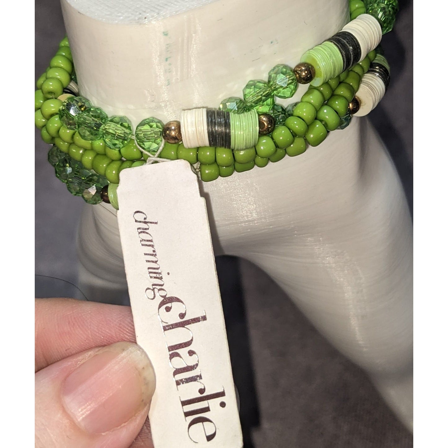 Boho Charming Charlie Green Beaded Palm Tree Charm Multistrand Bracelet