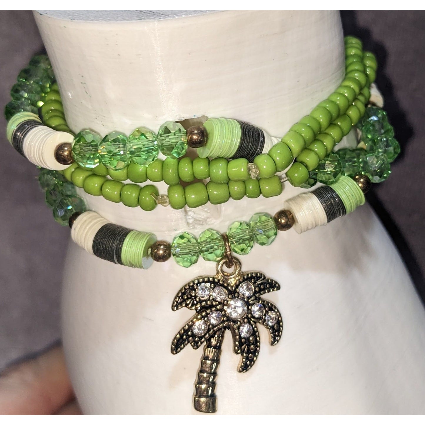 Boho Charming Charlie Green Beaded Palm Tree Charm Multistrand Bracelet