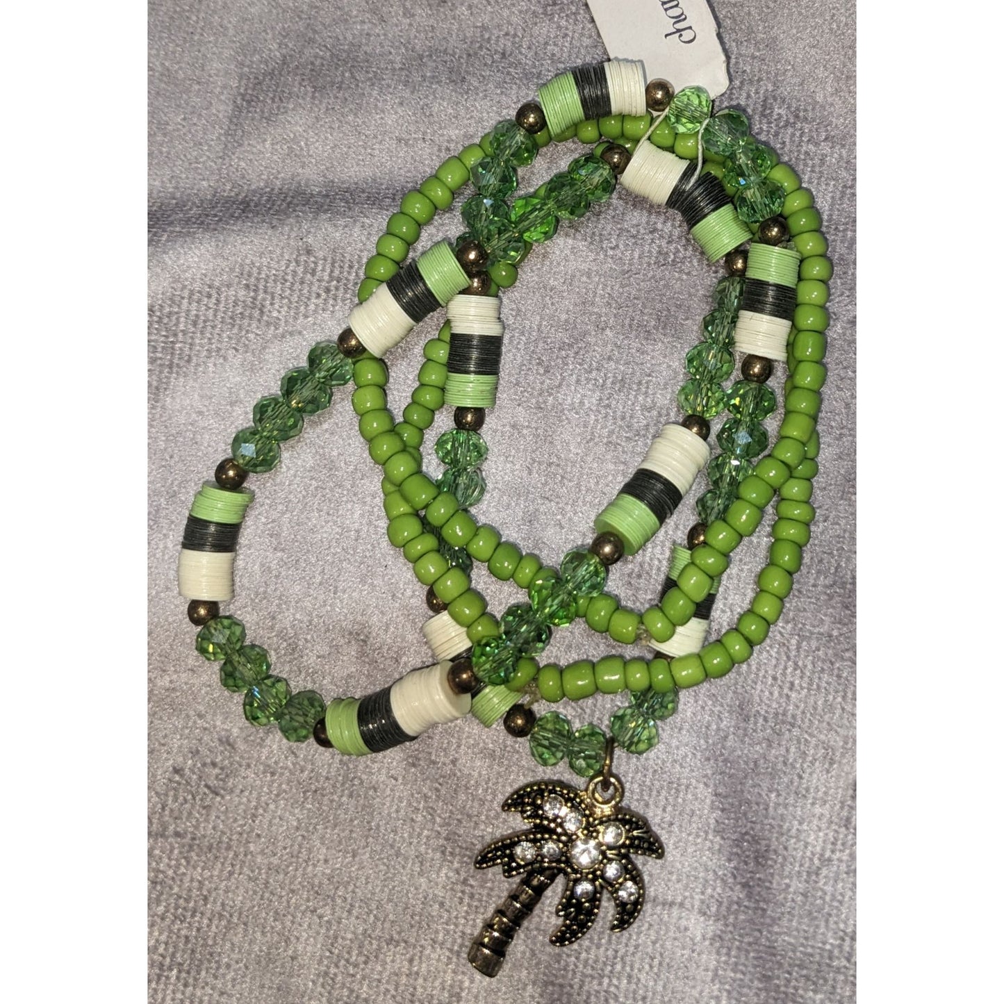 Boho Charming Charlie Green Beaded Palm Tree Charm Multistrand Bracelet