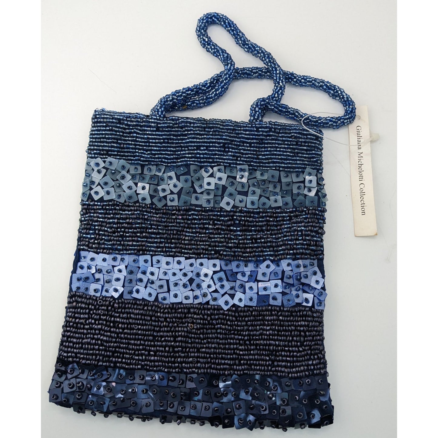 Hand-Beaded Blue Shoulder Bag By Giuliana Michelotti With Snap Closure And Sequin Details