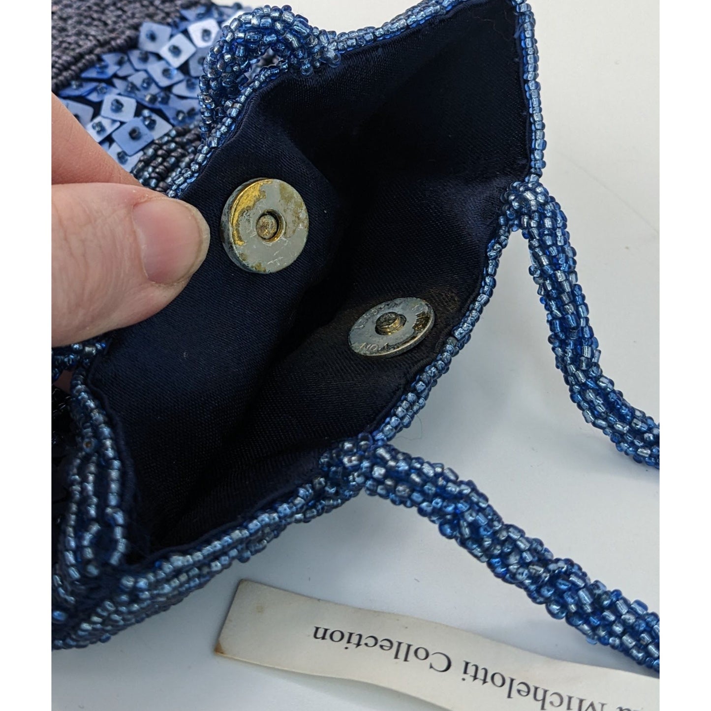Hand-Beaded Blue Shoulder Bag By Giuliana Michelotti With Snap Closure And Sequin Details
