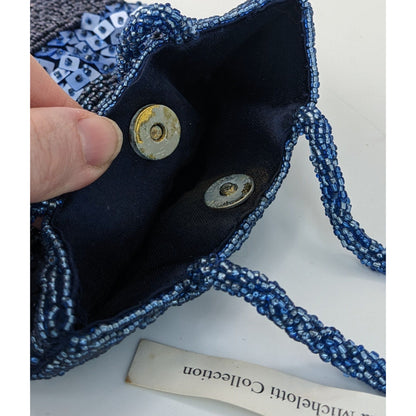 Hand-Beaded Blue Shoulder Bag By Giuliana Michelotti With Snap Closure And Sequin Details