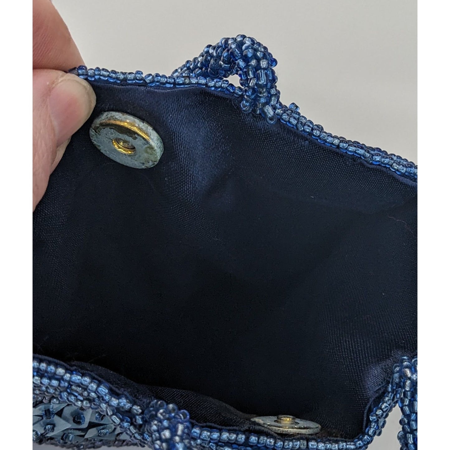 Hand-Beaded Blue Shoulder Bag By Giuliana Michelotti With Snap Closure And Sequin Details