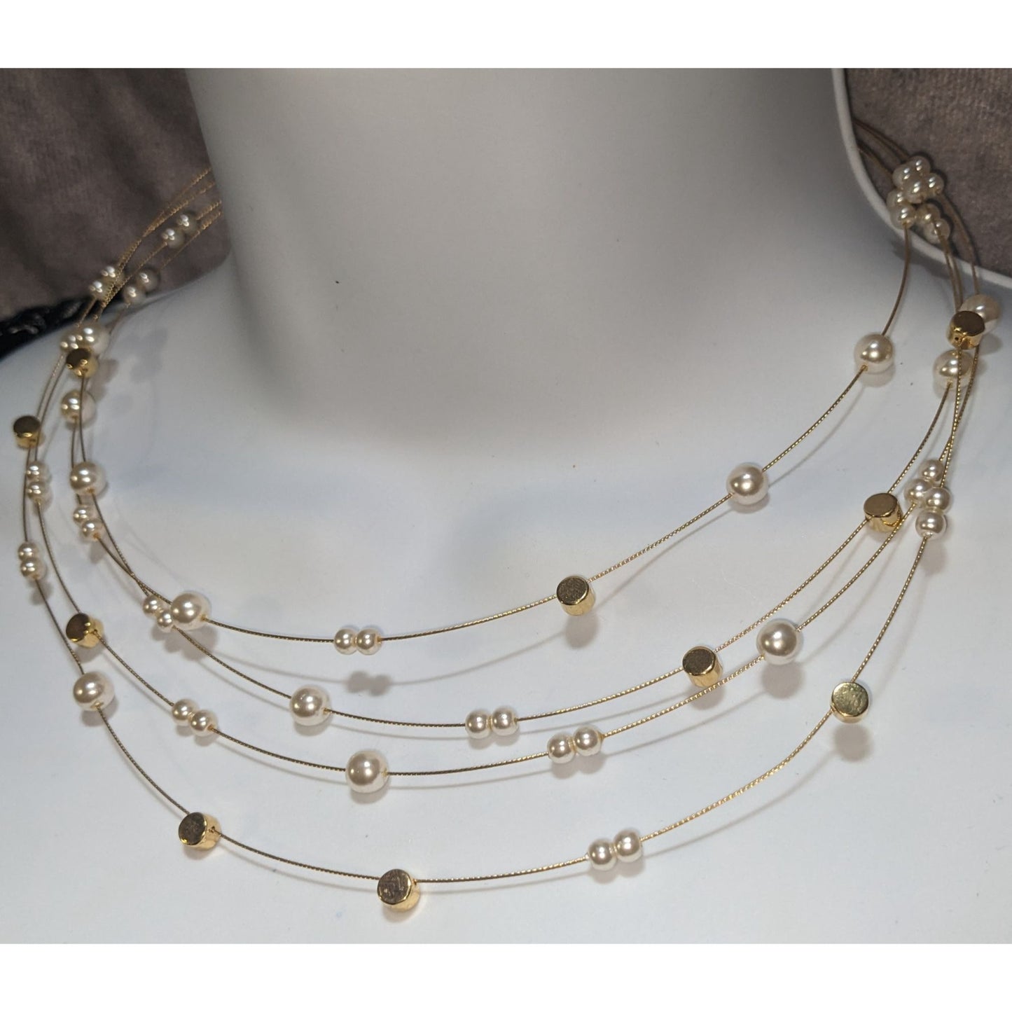 Vintage Nolan Miller Faux Pearl Layered Necklace Gold Tone Elegant Statement