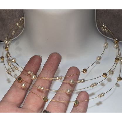 Vintage Nolan Miller Faux Pearl Layered Necklace Gold Tone Elegant Statement
