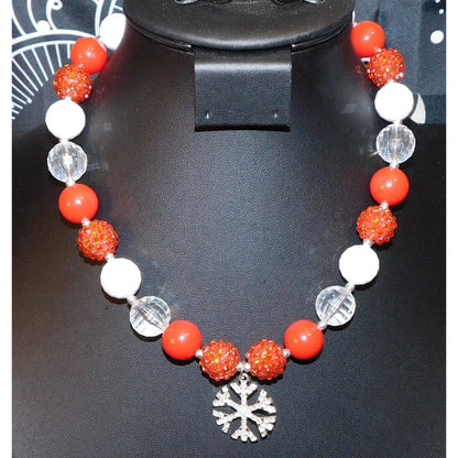 Red And White Christmas Bubblegum Beaded Snowflake Necklace