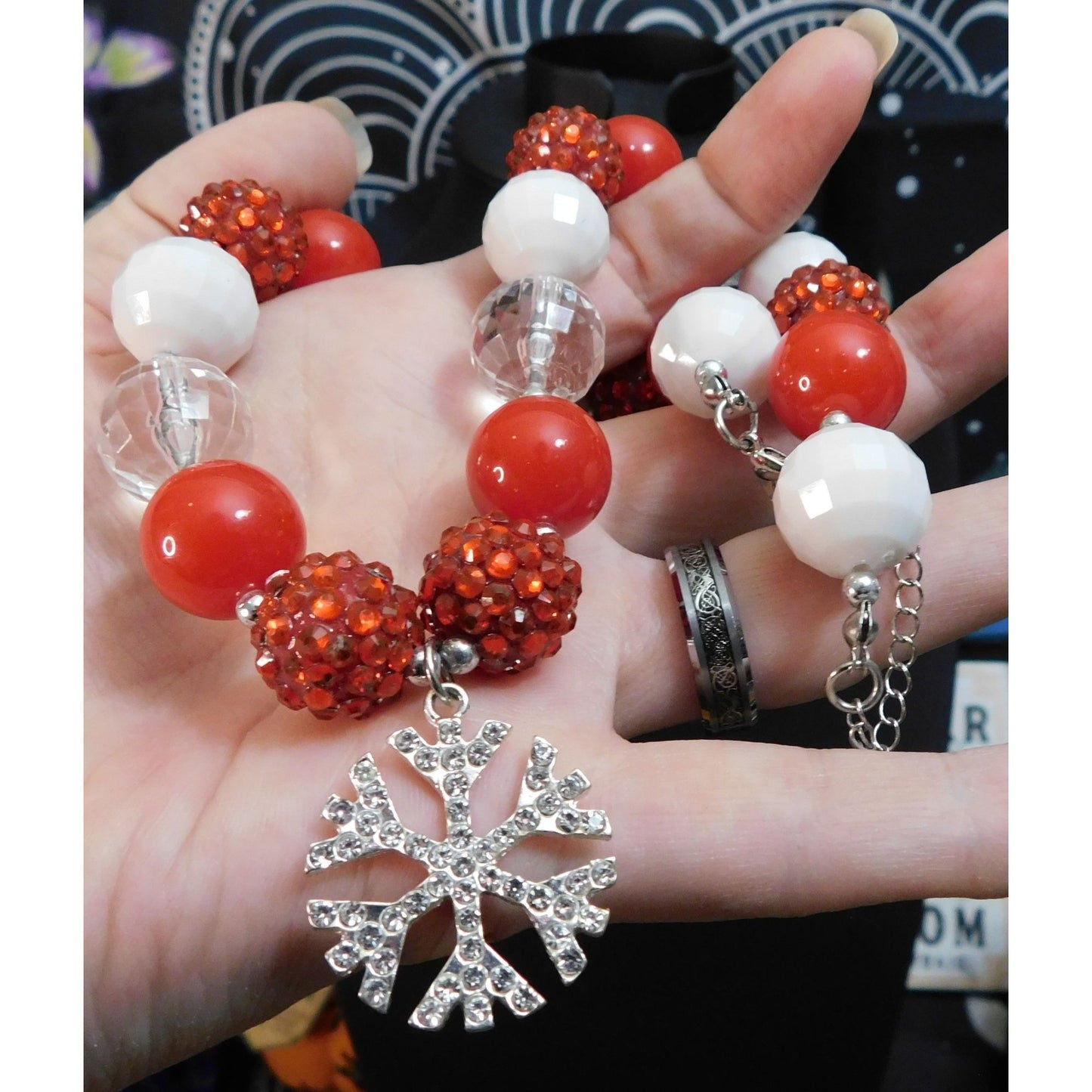Red And White Christmas Bubblegum Beaded Snowflake Necklace