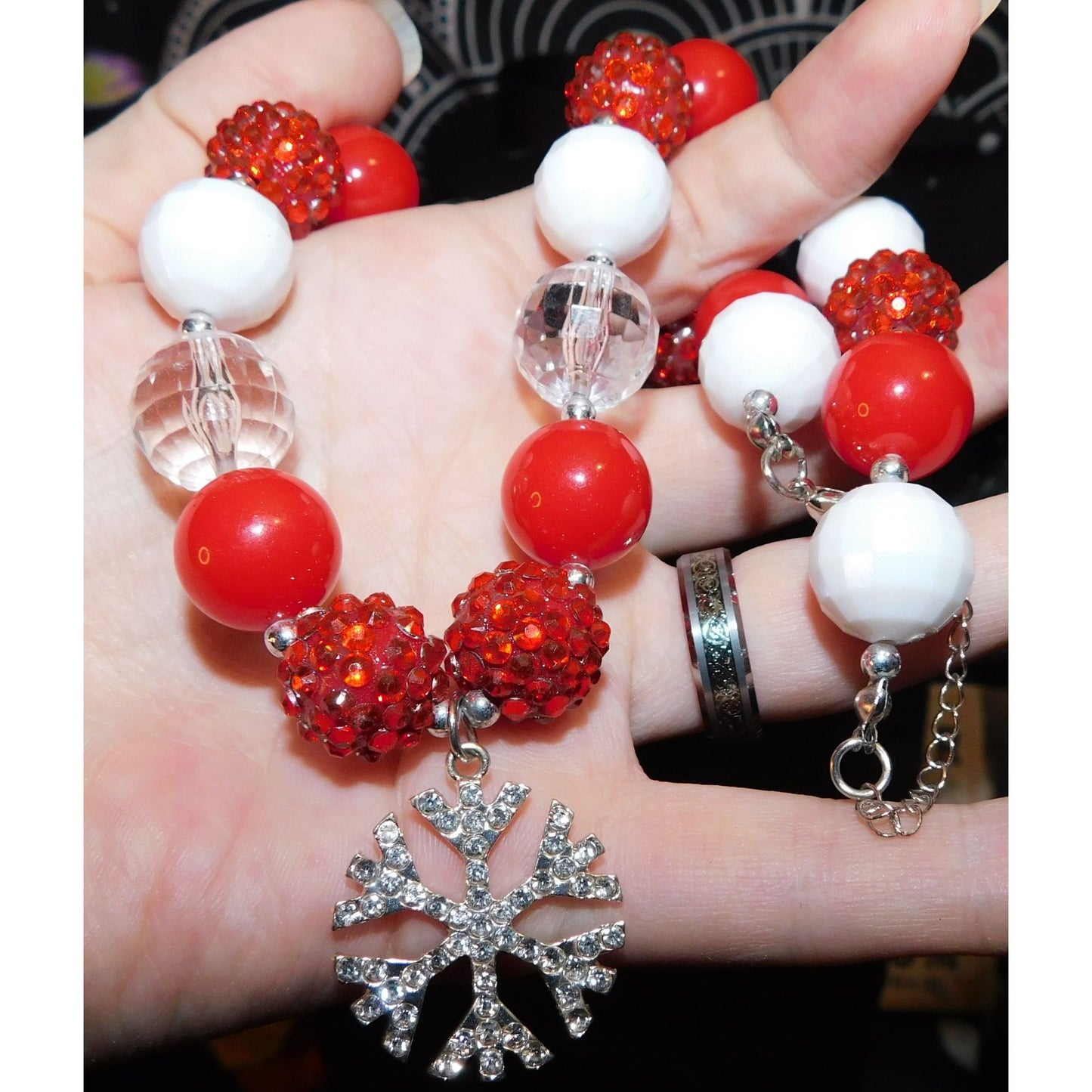 Red And White Christmas Bubblegum Beaded Snowflake Necklace