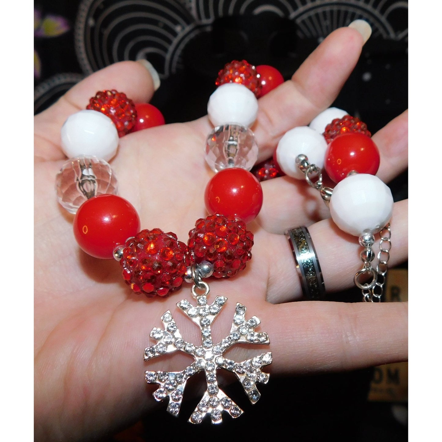 Red And White Christmas Bubblegum Beaded Snowflake Necklace