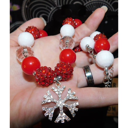 Red And White Christmas Bubblegum Beaded Snowflake Necklace