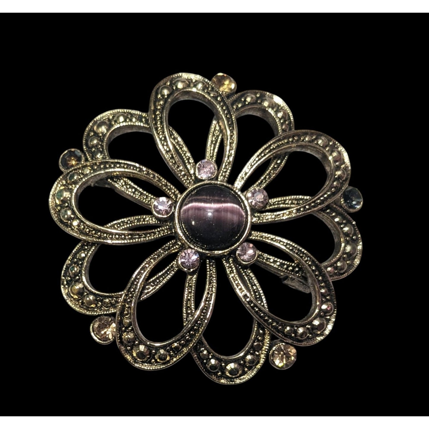 Vintage Whimsical Gold Tone Purple Gemmed Flower Brooch