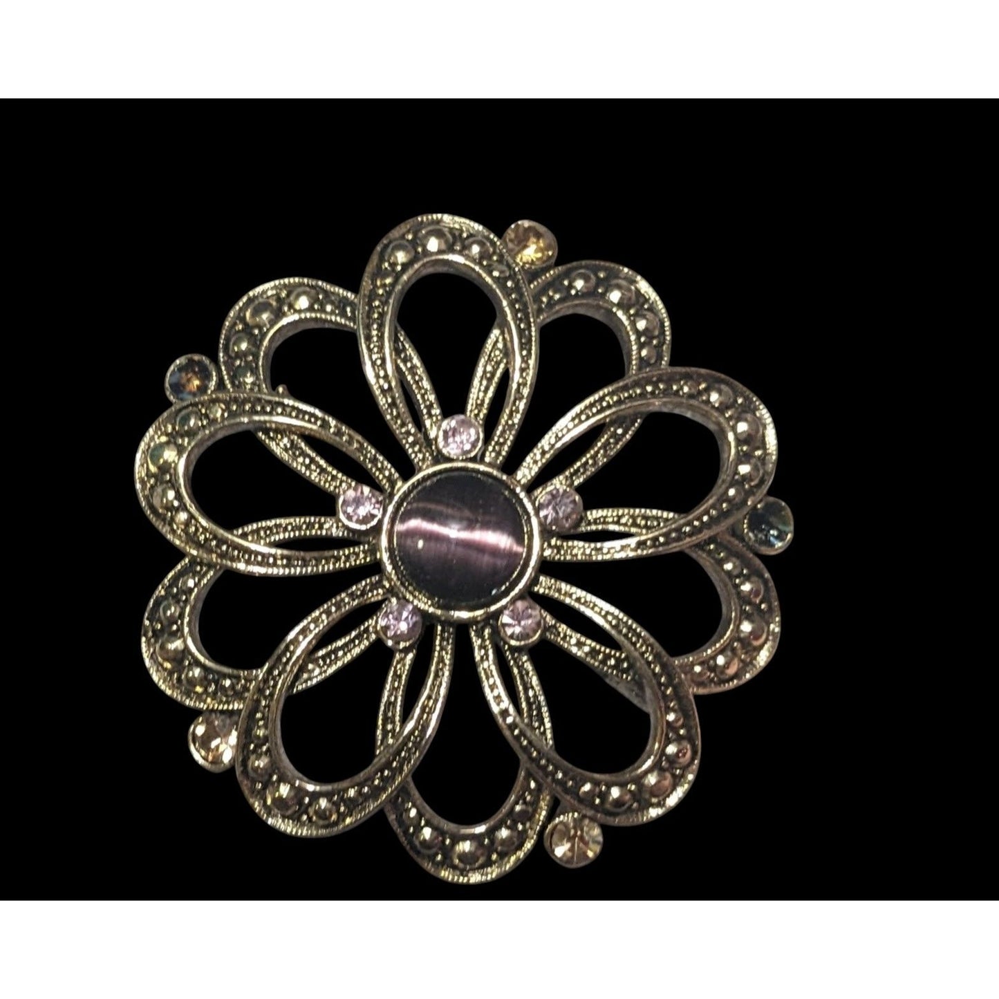 Vintage Whimsical Gold Tone Purple Gemmed Flower Brooch