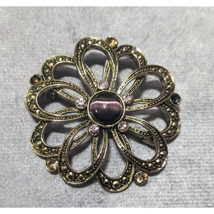 Vintage Whimsical Gold Tone Purple Gemmed Flower Brooch