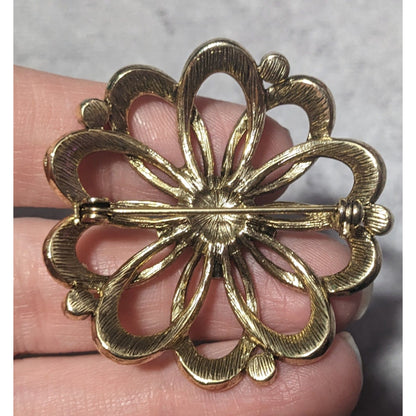 Vintage Whimsical Gold Tone Purple Gemmed Flower Brooch