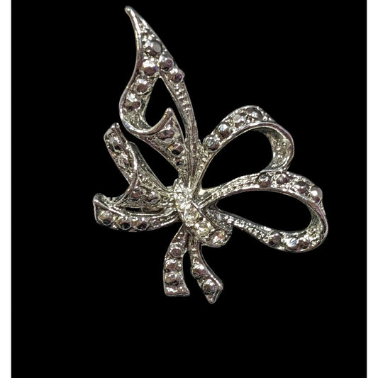 Vintage Bow Shaped Silver Tone Rhinestone Brooch