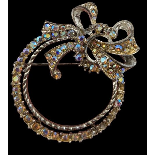 Vintage Rhinestone Bow Wreath Brooch Silver Tone Aurora Borealis Costume Brooch
