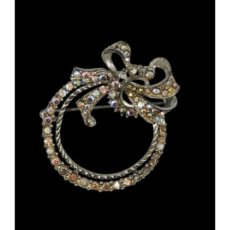 Vintage Rhinestone Bow Wreath Brooch Silver Tone Aurora Borealis Costume Brooch