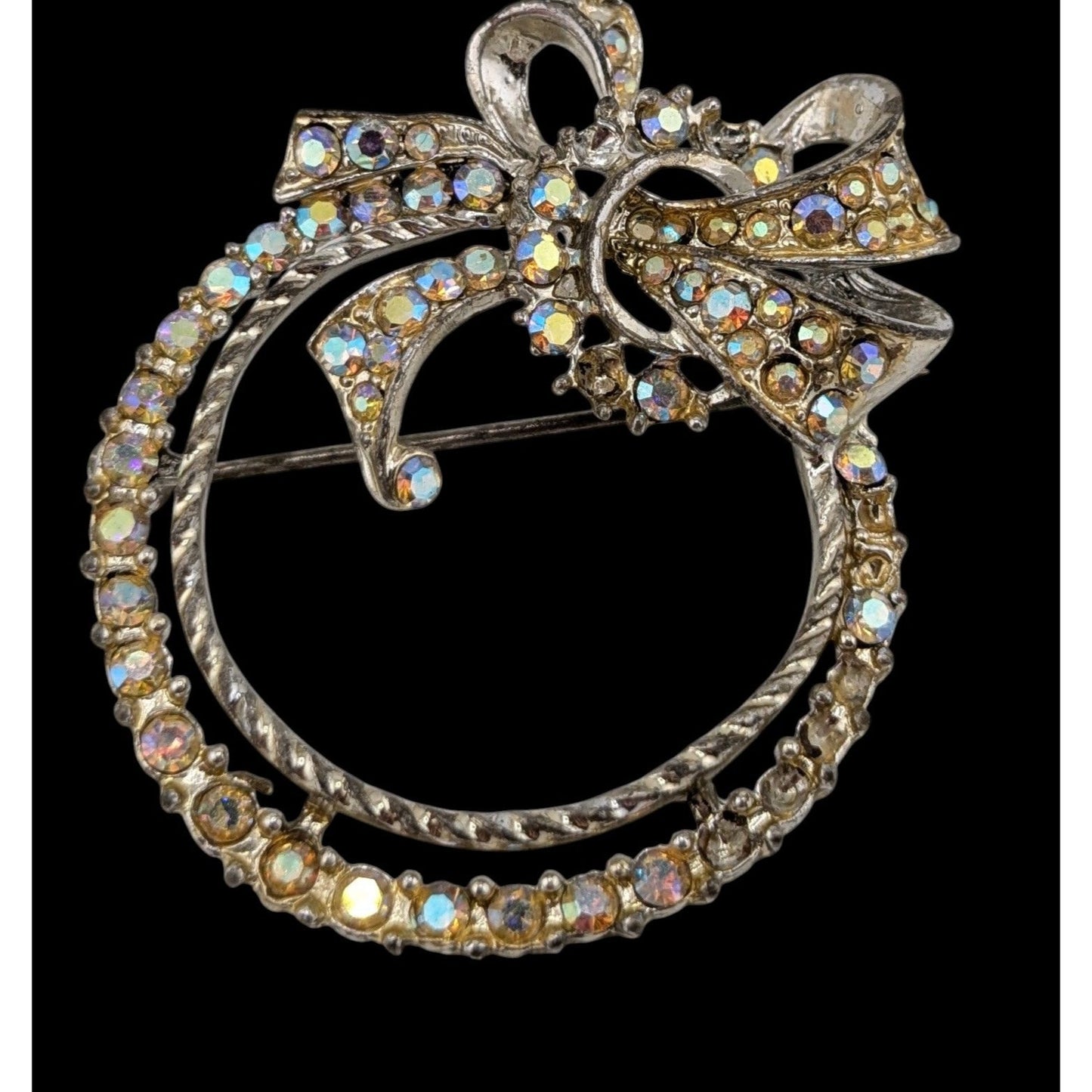 Vintage Rhinestone Bow Wreath Brooch Silver Tone Aurora Borealis Costume Brooch