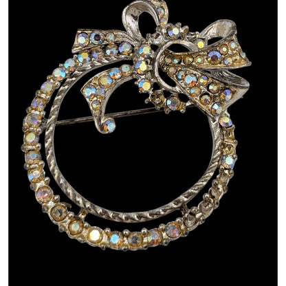 Vintage Rhinestone Bow Wreath Brooch Silver Tone Aurora Borealis Costume Brooch