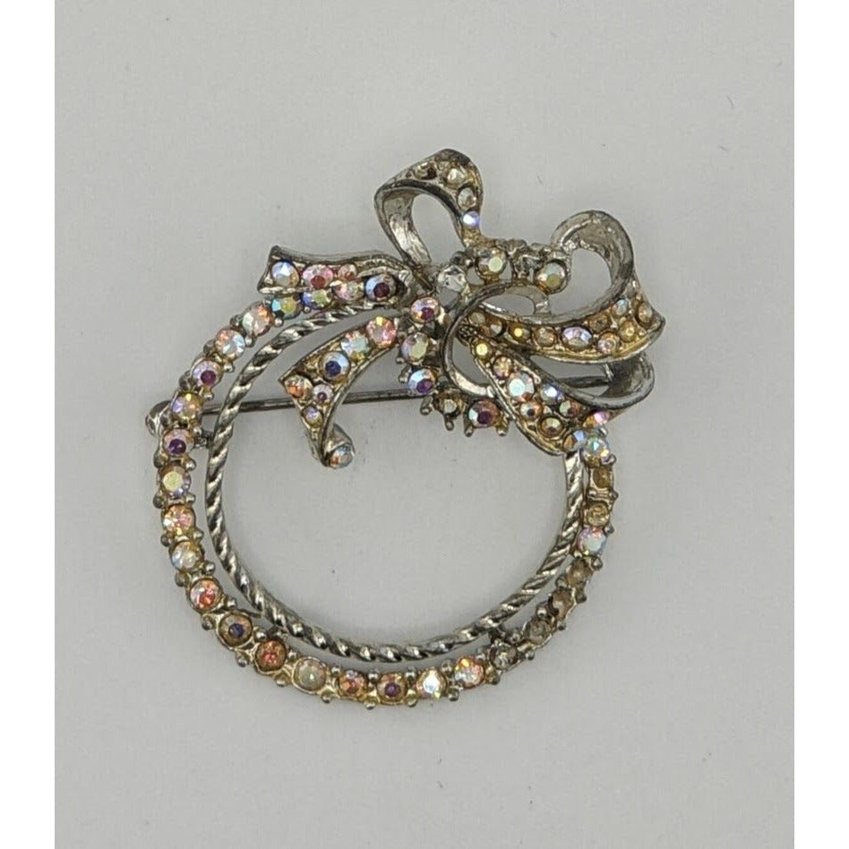 Vintage Rhinestone Bow Wreath Brooch Silver Tone Aurora Borealis Costume Brooch