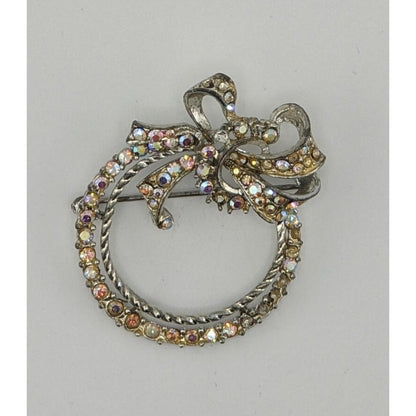 Vintage Rhinestone Bow Wreath Brooch Silver Tone Aurora Borealis Costume Brooch