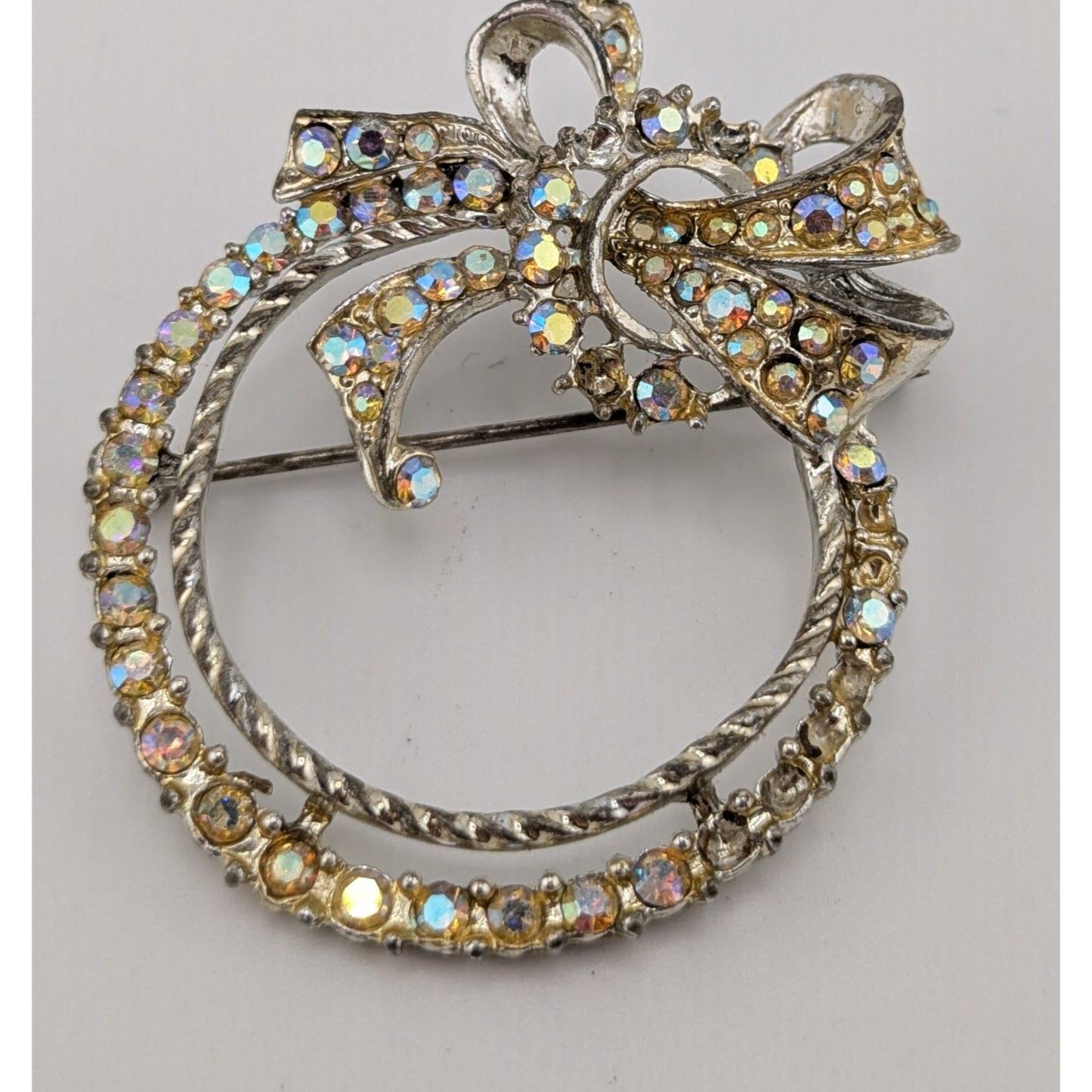 Vintage Rhinestone Bow Wreath Brooch Silver Tone Aurora Borealis Costume Brooch