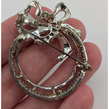 Vintage Rhinestone Bow Wreath Brooch Silver Tone Aurora Borealis Costume Brooch