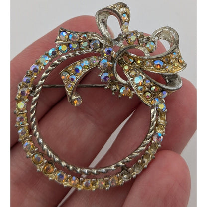Vintage Rhinestone Bow Wreath Brooch Silver Tone Aurora Borealis Costume Brooch